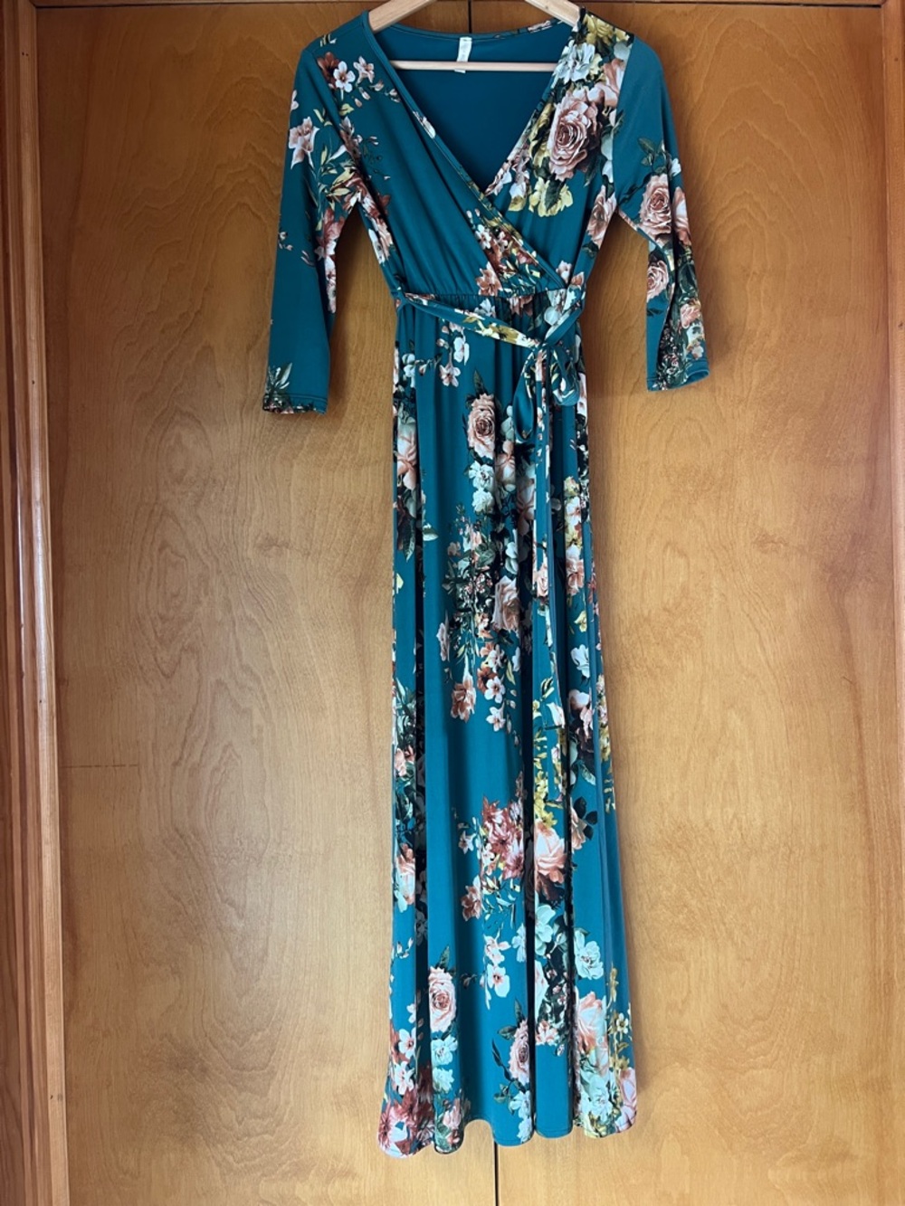 Pinkblush Teal Floral V-Neck Maxi Dress with Elastic Waist
